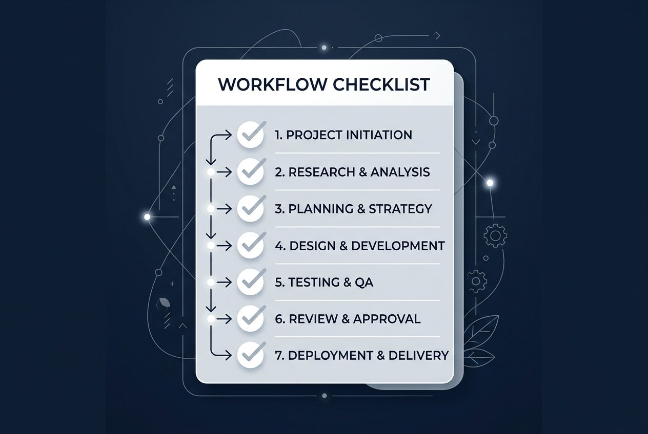 Checklist de etapas organizadas em cores neutras e profissionais