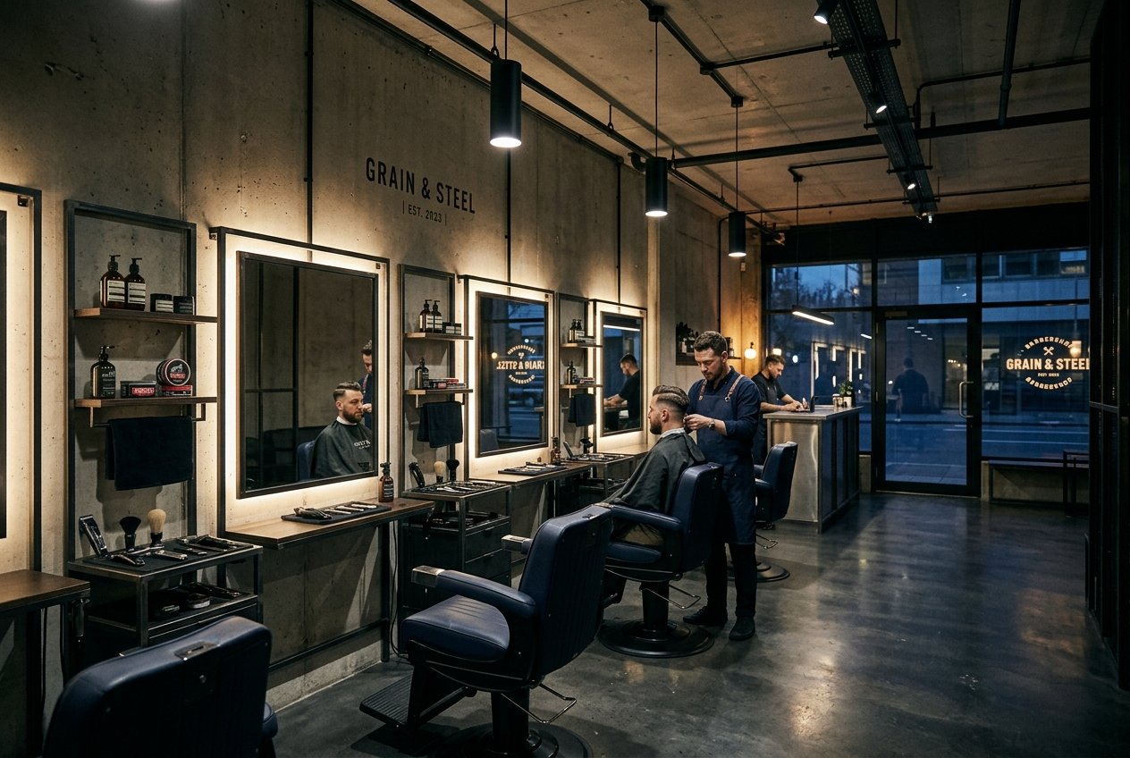 Interior de barbearia moderna com decoração industrial em tons escuros