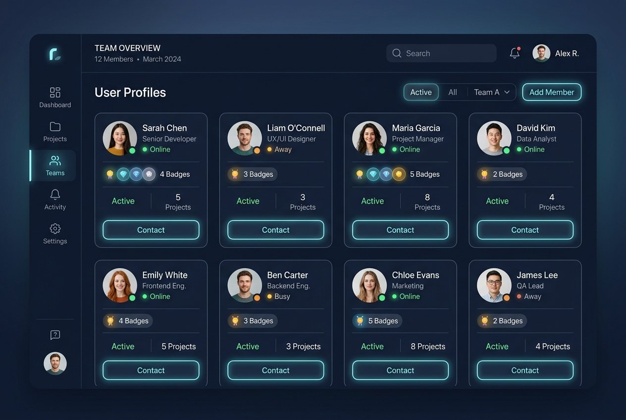 Painel de controle com perfis de clientes organizados